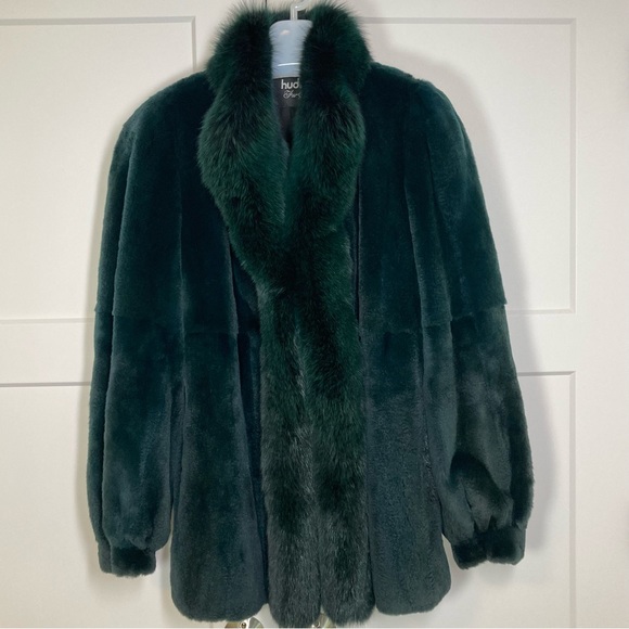Hudson’s Fur Mink Forest Green Dyed Sheared Stroller Jacket Fox Tuxedo Vintage - Picture 1 of 10